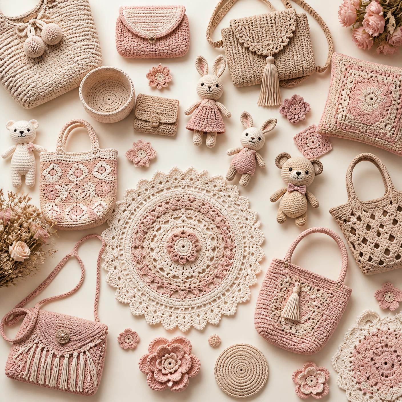 Diversas peças de crochê artesanal
